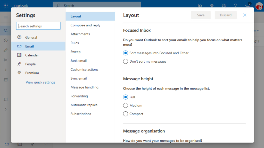 webmail account settings for outlook