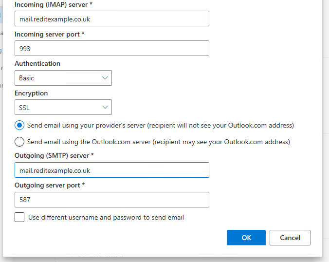 Outlook Live Connect your account Advanced Settings Screen 2 - populated