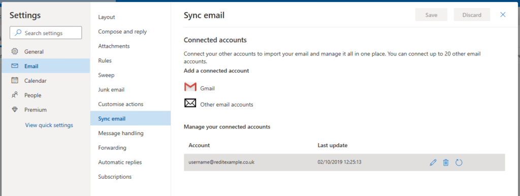 Outlook Live sync email screen with account