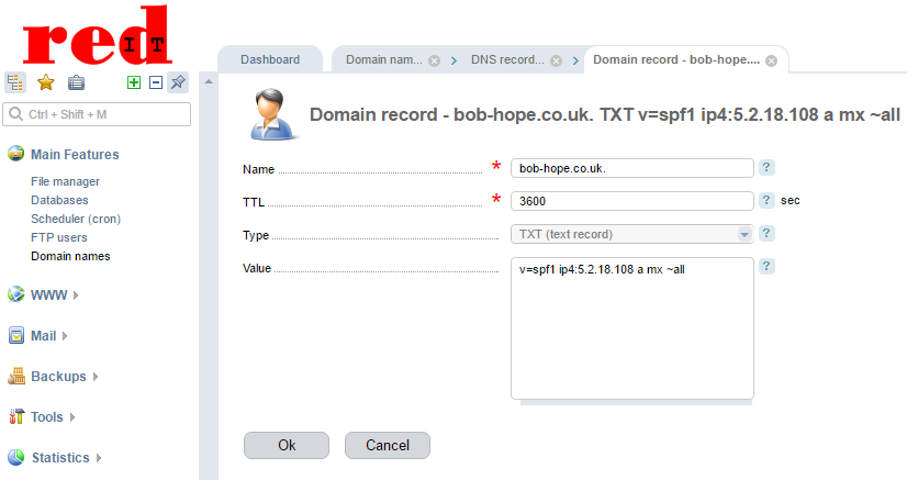 redIT Hosting Edit Domain Record