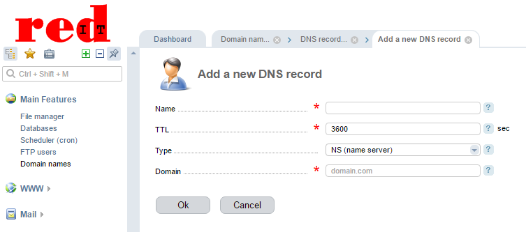 If you do not have an existing SPF record you will need to create one by clicking on the 'Add' Icon which will open the 'Add a new DNS record' screen.